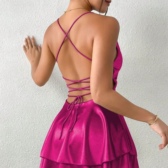 Hot Pink Sexy Women's Satin Backless Halter Neck Elegant Pleated Dress - Picture 8 of 8